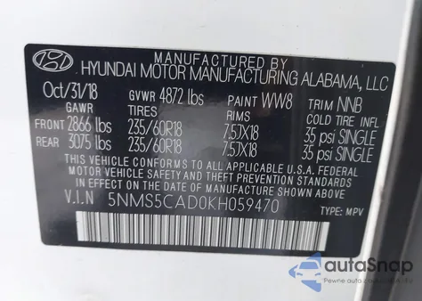 2019 Hyundai Santa Fe Ultimate z USA, uszkodzony, nr VIN 5NMS5CAD0KH059470